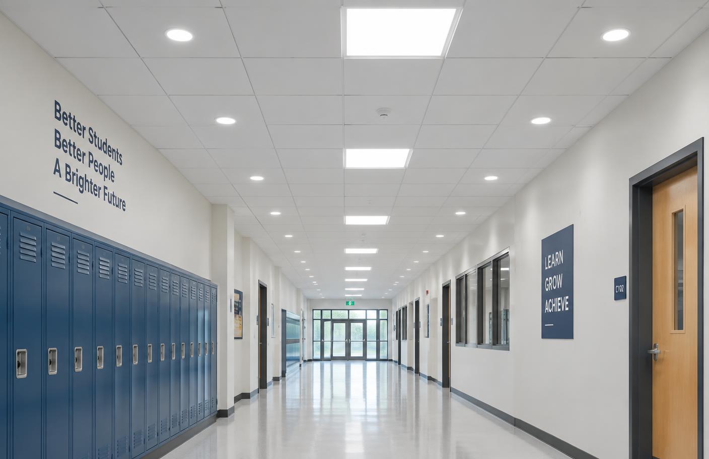 Schoolgang met LED panelen en downlights